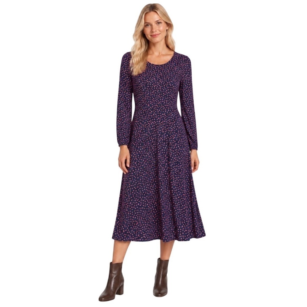 Boden Navy Pink Polka Dot Long Sleeve Midi Dress US 8P Petite Pockets D0780